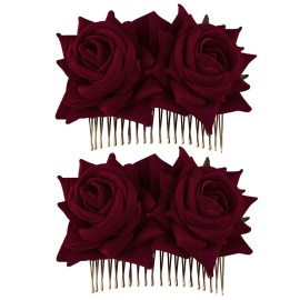 CROWN GUIDE 2-Pack Rose Flower Bridal Hair Combs Women Wedding Hair Accessories Pieces For Brides Flamenco Dancer Hairstyles Burgundy