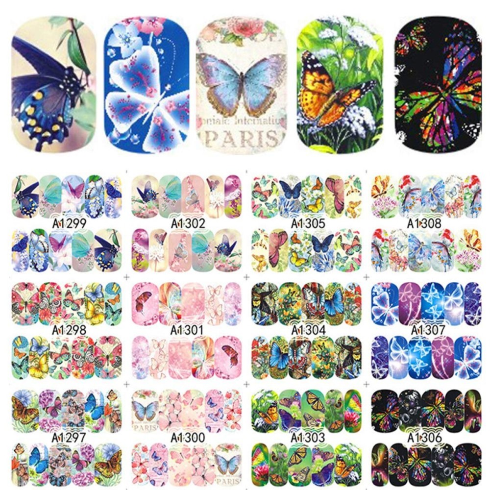 Tvoip 12 Pcs/Set Beauty Butterfly Mixed Designs Full Water Transfer Stickers Nail Art Decal Sticker Nail Accessories