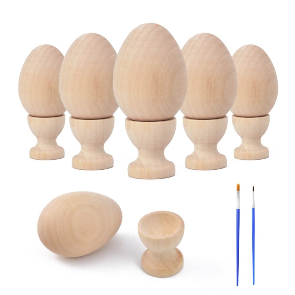HOKPA Wood Eggs with Wooden Egg Cup Holders, Unpainted Craft Eggs, 6 Cups and Smooth Eggs in a Pack, Display DIY Easter Halloween Decor (14pcs)