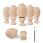 HOKPA Wood Eggs with Wooden Egg Cup Holders, Unpainted Craft Eggs, 6 Cups and Smooth Eggs in a Pack, Display DIY Easter Halloween Decor (14pcs)
