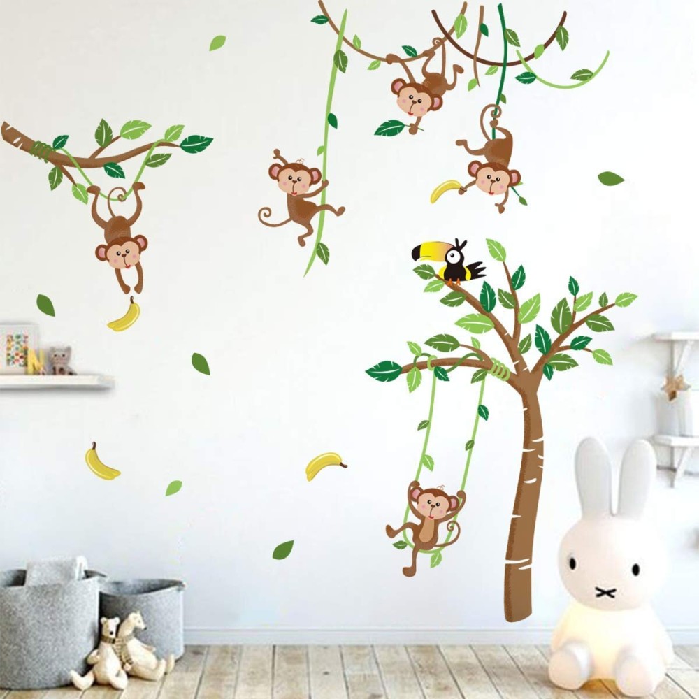 Runtoo Monkey and Tree Wall Decals Animals Jungle Wall Stickers TV Wall Dcor for Baby Nursery Kids Bedroom