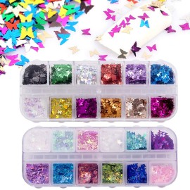 24 Color/Set 3D Butterfly Nail Glitter Sequins, Kalolary Laser Butterfly Nail Sequin Flake Acrylic Manicure Paillettes Face Body Lip Glitters for Nail Art Decoration Resin Mold DIY Makeup