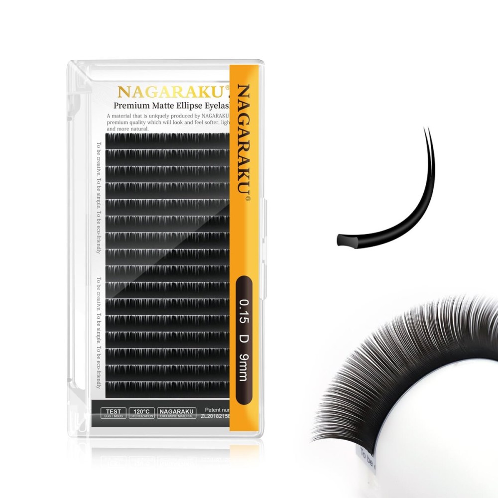 NAGARAKU Double Tips Ellipse Eyelash Extensions Lighter Thinner Flat Split Tips Individual Lash 0.15mm D curl 9mm Matte Black Faux Mink Classic False Lash Supplies 16 Rows