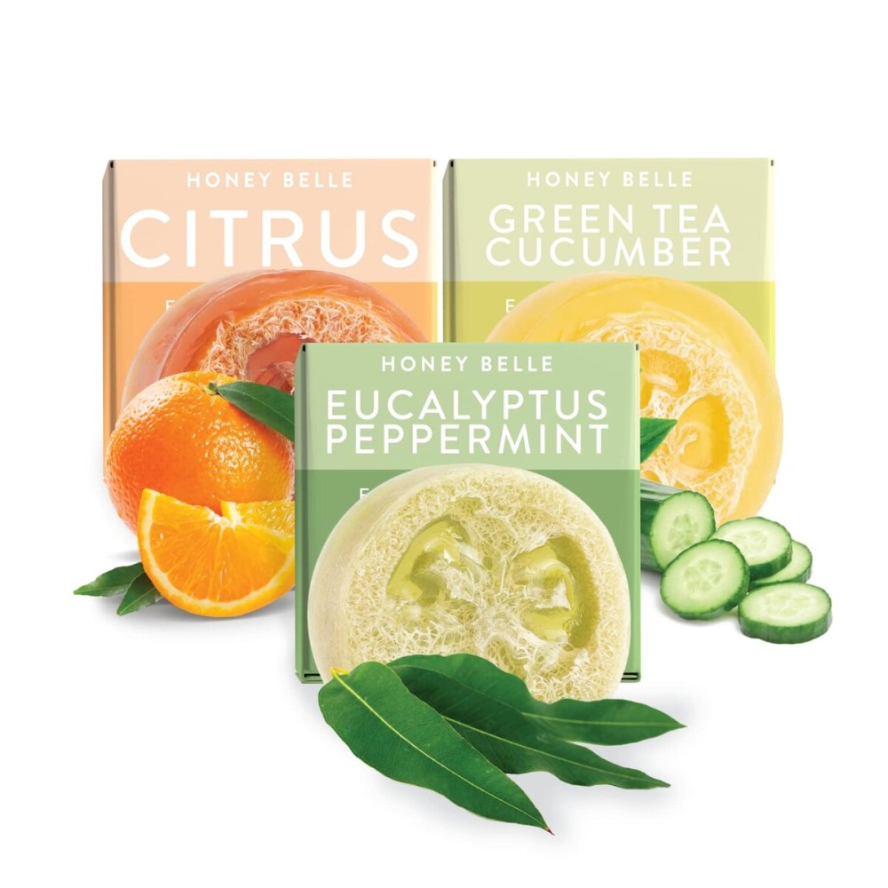 Honey Belle Exfoliating Loofah Soap 3-Pack Refresh - Exfoliating Bar Soap with Loofah Inside - Cleansing, Moisturizing, Nourishing, Scrubby Soap - Plant-Based, Eco-Friendly, Vegan, Cruelty-Free