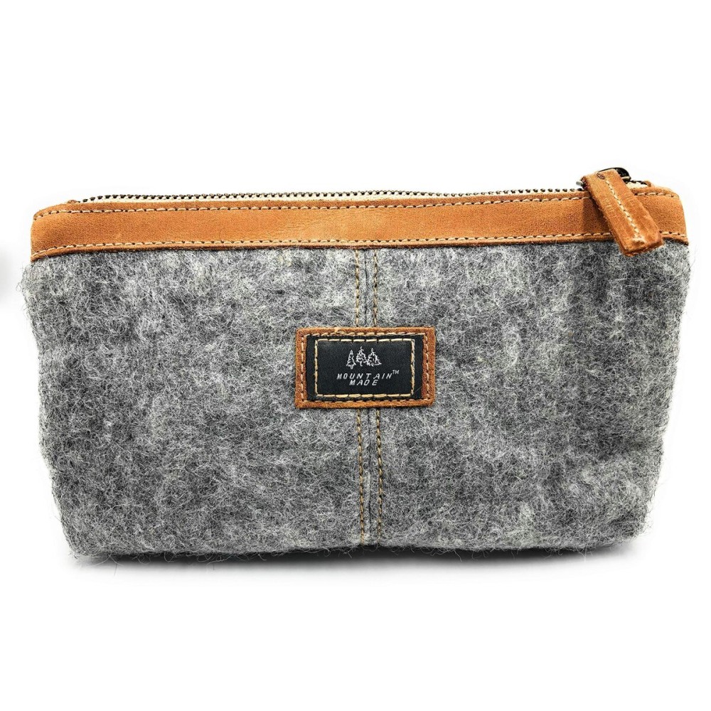 Mountain Made Wool and Pure Leather Luxury Travelers Small Cosmetic Bag, Toiletries, or Utility Bag For Students, Women and Men. Perfect size to fit inside your purse.