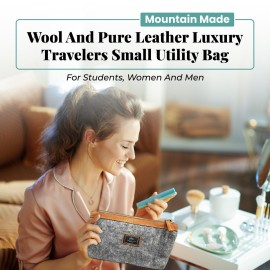 Mountain Made Wool and Pure Leather Luxury Travelers Small Cosmetic Bag, Toiletries, or Utility Bag For Students, Women and Men. Perfect size to fit inside your purse.