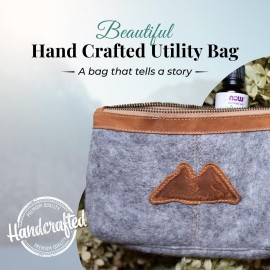Mountain Made Wool and Pure Leather Luxury Travelers Small Cosmetic Bag, Toiletries, or Utility Bag For Students, Women and Men. Perfect size to fit inside your purse.