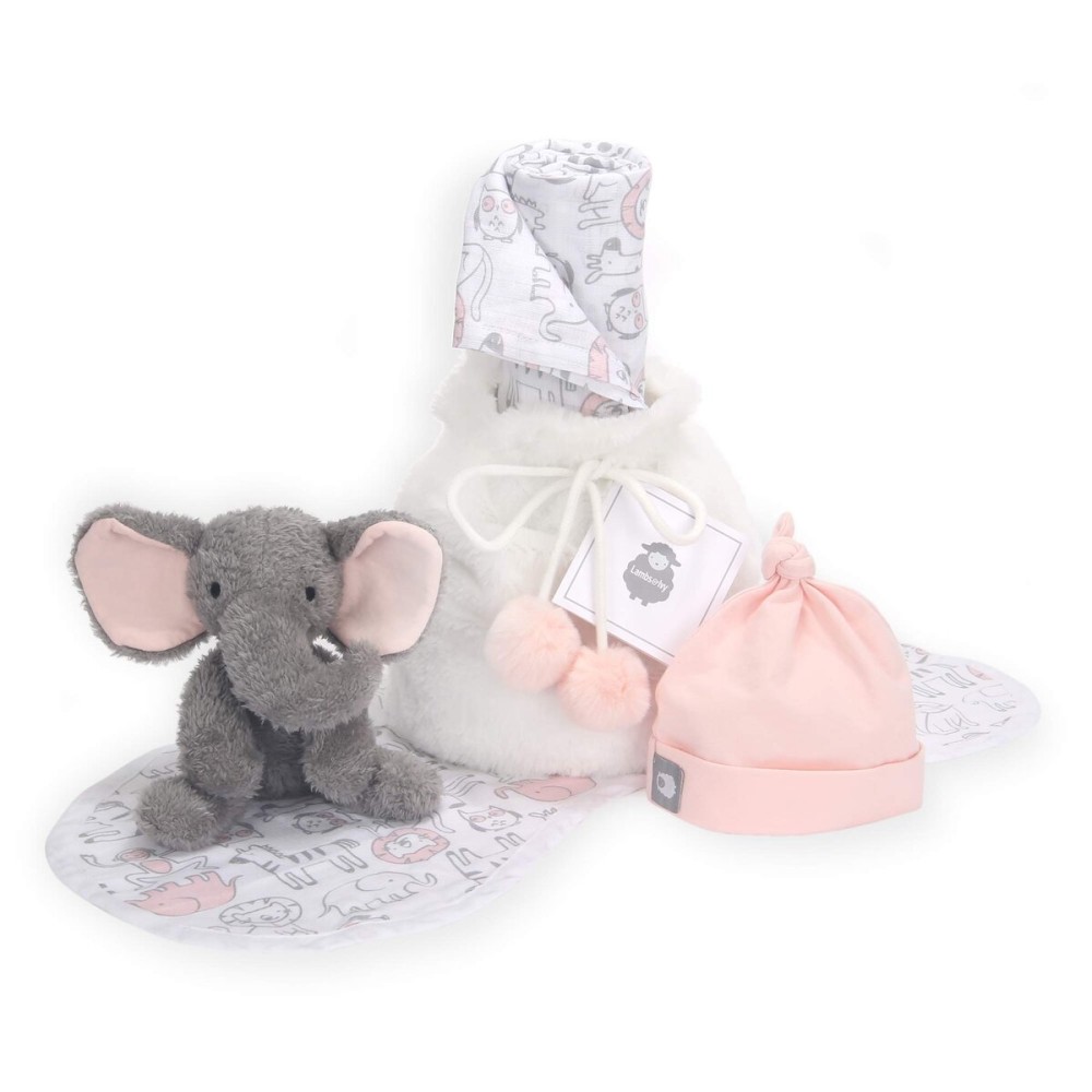 Lambs & Ivy 5 Piece Pink/Gray Plush Infant/Newborn Baby Gift Bag w/Swaddle