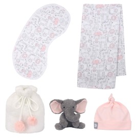 Lambs & Ivy 5 Piece Pink/Gray Plush Infant/Newborn Baby Gift Bag w/Swaddle