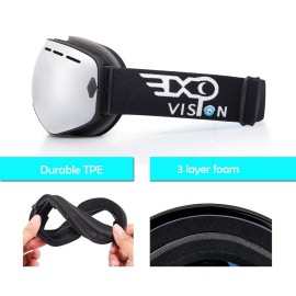 EXP VISION Snowboard Ski Goggles Men Women Youth, Anti Fog OTG Winter Snow Goggles Spherical Detachable Lens (Silver)