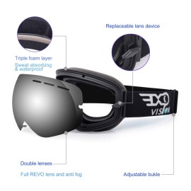 EXP VISION Snowboard Ski Goggles Men Women Youth, Anti Fog OTG Winter Snow Goggles Spherical Detachable Lens (Silver)