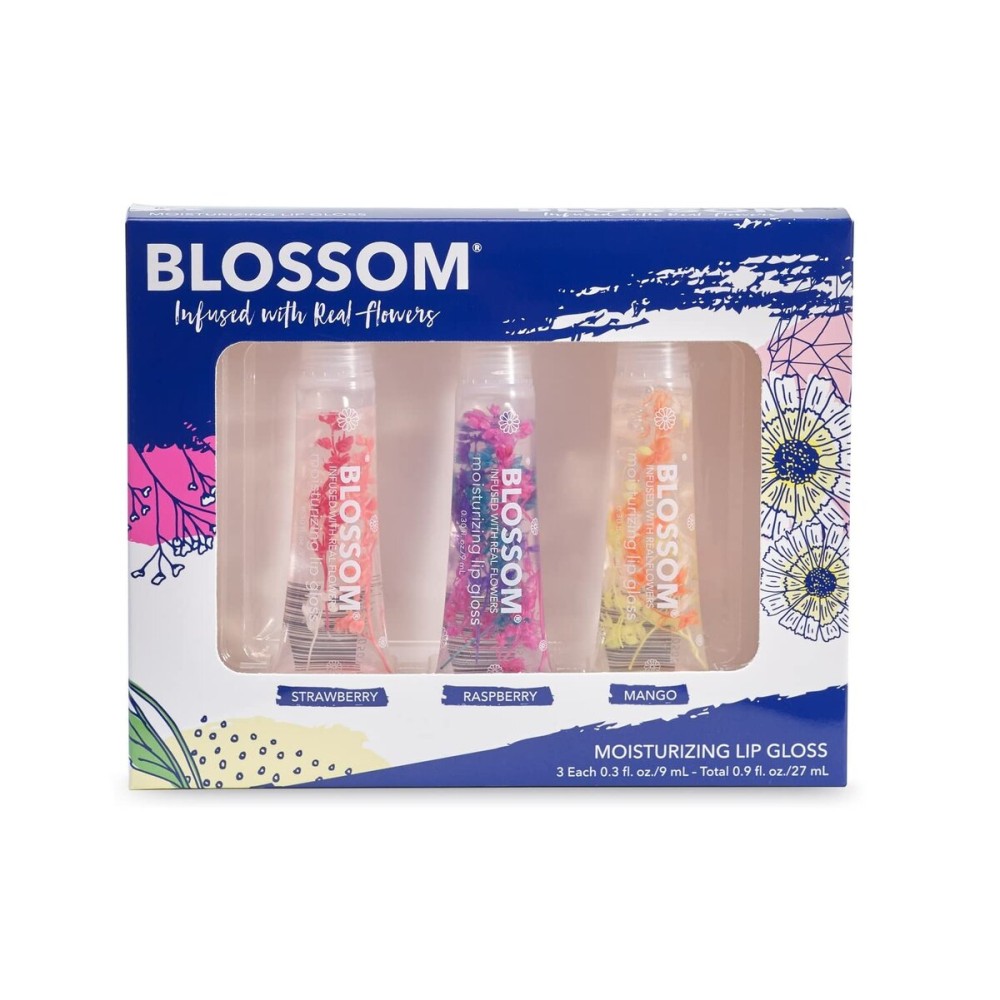 Blossom Scented Moisturizing Lip Gloss Tubes, Infused with Real Flowers, 0.9 fl. oz/27ml, 3 pack Full Size Gift Set, Strawberry/Raspberry/Mango Blossom Scented Moisturizing Lip Gloss Tubes, Infused with Real Flowers, 0.9 fl. oz/27ml, 3 pack Full Size Gift Set, Strawberry/Raspberry/Mango