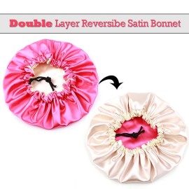 greatremy Satin Hair Bonnet Sleep Cap,Silky Bonnets for Women Curly Natural Hair Rose/Beige Sleeping Night Cap Big Large Bonnet Adjustable Double Layer with Drawstring