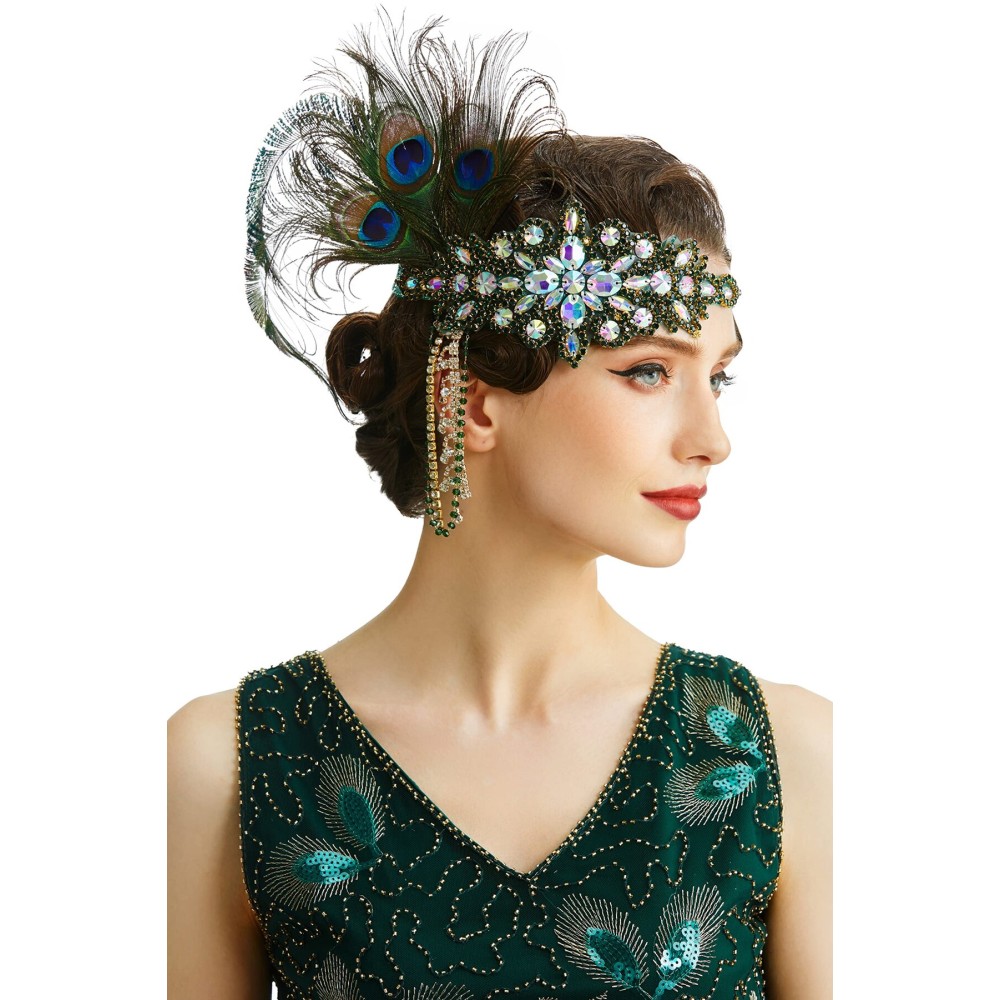 BABEYOND Women\'s 1920s Headband Flapper Feather Headpiece with Chain Roaring 20s Great Gatsby Themed Party Hair Accessory (Peacock)