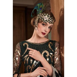 BABEYOND Women\'s 1920s Headband Flapper Feather Headpiece with Chain Roaring 20s Great Gatsby Themed Party Hair Accessory (Peacock)