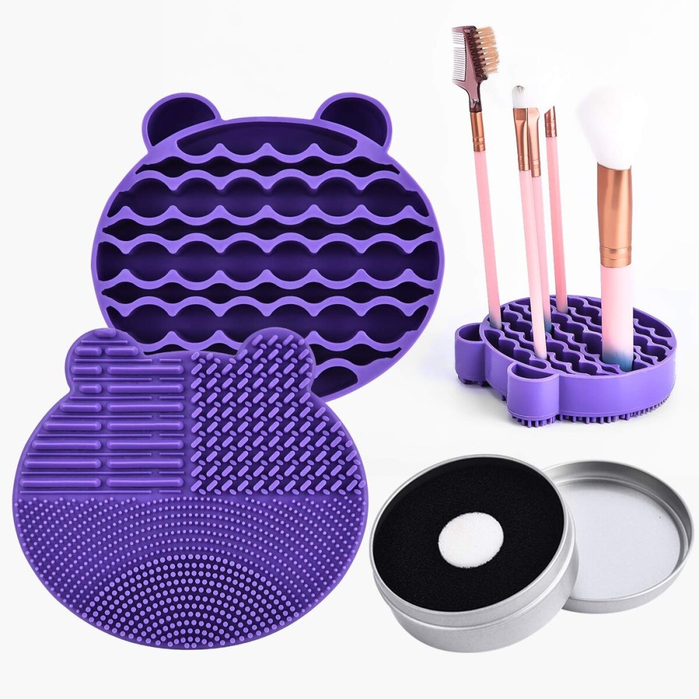 Silicon Makeup Brush Cleaner Mat with Brush Drying Manual Make up Brush Cleaner Cleanser Machine Cosmetic Brush Cleaning Pad+Makeup Brush Dry Cleaned Quick Color Removal Sponge Scrubber Tool(Purple)