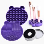 Silicon Makeup Brush Cleaner Mat with Brush Drying Manual Make up Brush Cleaner Cleanser Machine Cosmetic Brush Cleaning Pad+Makeup Brush Dry Cleaned Quick Color Removal Sponge Scrubber Tool(Purple)