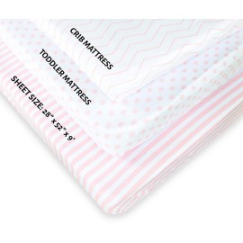 NODNAL CO. 3 Fitted Crib Sheets Pink Set for Baby Girl - 100% Oeko-TEX Cotton Nursery Bedding - Pink/White Chevron, Polka Dot, and Stripe - for Standard Baby or Toddler Crib Mattress 28x52x9 Sheet