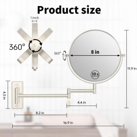 LANSI Wall Mounted Makeup Mirror, 1x/10x Double-Side Magnifying Mirror 8 Inch Vanity Mirror, 360 Extendable Arm Wall Mirror, Bathroom Mirror for Makeup or Shaving Nickel