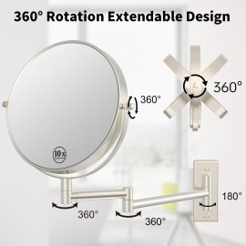 LANSI Wall Mounted Makeup Mirror, 1x/10x Double-Side Magnifying Mirror 8 Inch Vanity Mirror, 360 Extendable Arm Wall Mirror, Bathroom Mirror for Makeup or Shaving Nickel