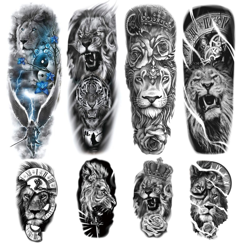 Lion Tattoos 4-Sheet Full Sleeve and 4-Sheet Half Sleeve Sticker Makeup Props for Men, Women & Kids