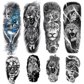 Lion Tattoos 4-Sheet Full Sleeve and 4-Sheet Half Sleeve Sticker Makeup Props for Men, Women & Kids