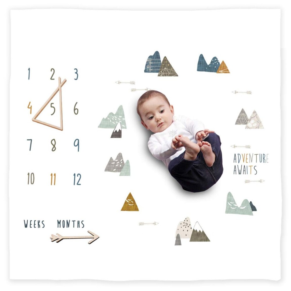 100% Organic Cotton Muslin Monthly Baby Milestone Blanket with Wooden Hello World Newborn Sign, Newborn Photography Props, Birth Announcement Sign, Eucalyptus
