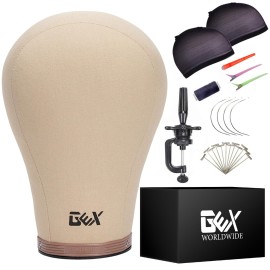 GEX 22 Canvas Cork Wig Block Mannequin Head for Wig Making Drying Styling Display with Table C Clamp Stand Holder (Light Brown 22)