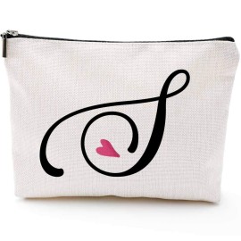 Blue Leaves S Initial Monogram Personalized Travel Makeup Bag,Cosmetic Bag Gifts with Zipper Waterproof(Makeup bag-Letter S)