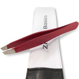 Tweezers - Surgical Grade Stainless Steel - Slant Tip for Expert Eyebrow Shaping and Facial Hair Removal - with Protective Pouch - Best Tweezer for Men and Women (Ruby Red)