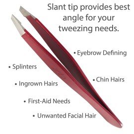 Tweezers - Surgical Grade Stainless Steel - Slant Tip for Expert Eyebrow Shaping and Facial Hair Removal - with Protective Pouch - Best Tweezer for Men and Women (Ruby Red)