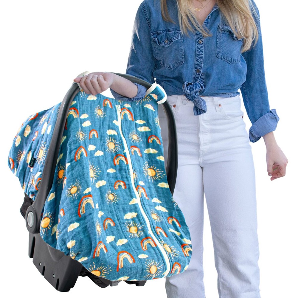 Bebe au Lait Classic Muslin Car Seat Cover -Perfect Baby Car Seat Covers for Babies, Car Seat Canopy, Unisex Baby Car Seat Cover- Easy Snap Straps, Fully Zippered Opening, Breathable- Hello Sunshine