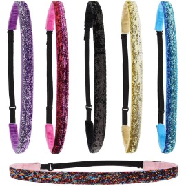 FROG SAC 6 Glitter Headbands for Girls, Adjustable Non Slip Thin Stretch Elastic Sports Headband for Teens, Cute Stretchy Athletic Sports Hair Accessories for Kids