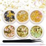 SILPECWEE 6 Boxes 3D Nail Art Decoration Set Cat Eye Stones Shell Flower Metal Nail Studs Manicure Jewelry with 1Pc Tweezers and Picker Pencil