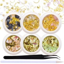 SILPECWEE 6 Boxes 3D Nail Art Decoration Set Cat Eye Stones Shell Flower Metal Nail Studs Manicure Jewelry with 1Pc Tweezers and Picker Pencil SILPECWEE 6 Boxes 3D Nail Art Decoration Set Cat Eye Stones Shell Flower Metal Nail Studs Manicure Jewelry with 1Pc Tweezers and Picker Pencil