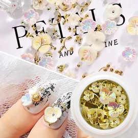SILPECWEE 6 Boxes 3D Nail Art Decoration Set Cat Eye Stones Shell Flower Metal Nail Studs Manicure Jewelry with 1Pc Tweezers and Picker Pencil