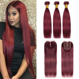 Brazilian Virgin Hair 99j Wine Red Burgundy Straight Hair Weaves 3 Bundles With 4X4 Lace Closure 100% Human Hair Weft Pure Color Silky Straight Hair (12 14 16 with 12c, Burgundy/99J)