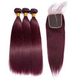 Brazilian Virgin Hair 99j Wine Red Burgundy Straight Hair Weaves 3 Bundles With 4X4 Lace Closure 100% Human Hair Weft Pure Color Silky Straight Hair (12 14 16 with 12c, Burgundy/99J) Brazilian Virgin Hair 99j Wine Red Burgundy Straight Hair Weaves 3 Bundles With 4X4 Lace Closure 100% Human Hair Weft Pure Color Silky Straight Hair (12 14 16 with 12c, Burgundy/99J)