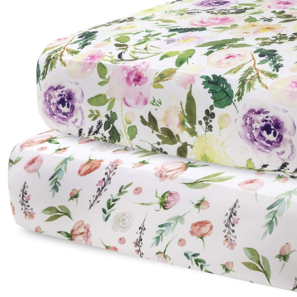 Pobibaby - 2 Pack Premium Fitted Baby Girl Crib Sheets for Standard Crib Mattress - Ultra-Soft Cotton Blend, Safe and Snug, and Stylish Floral Crib Sheet (Allure)
