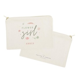 The Cotton & Canvas Co. Personalized Name Floral Flower Girl Wedding Cosmetic Bag, Bridal Party Gift and Travel Make Up Pouch