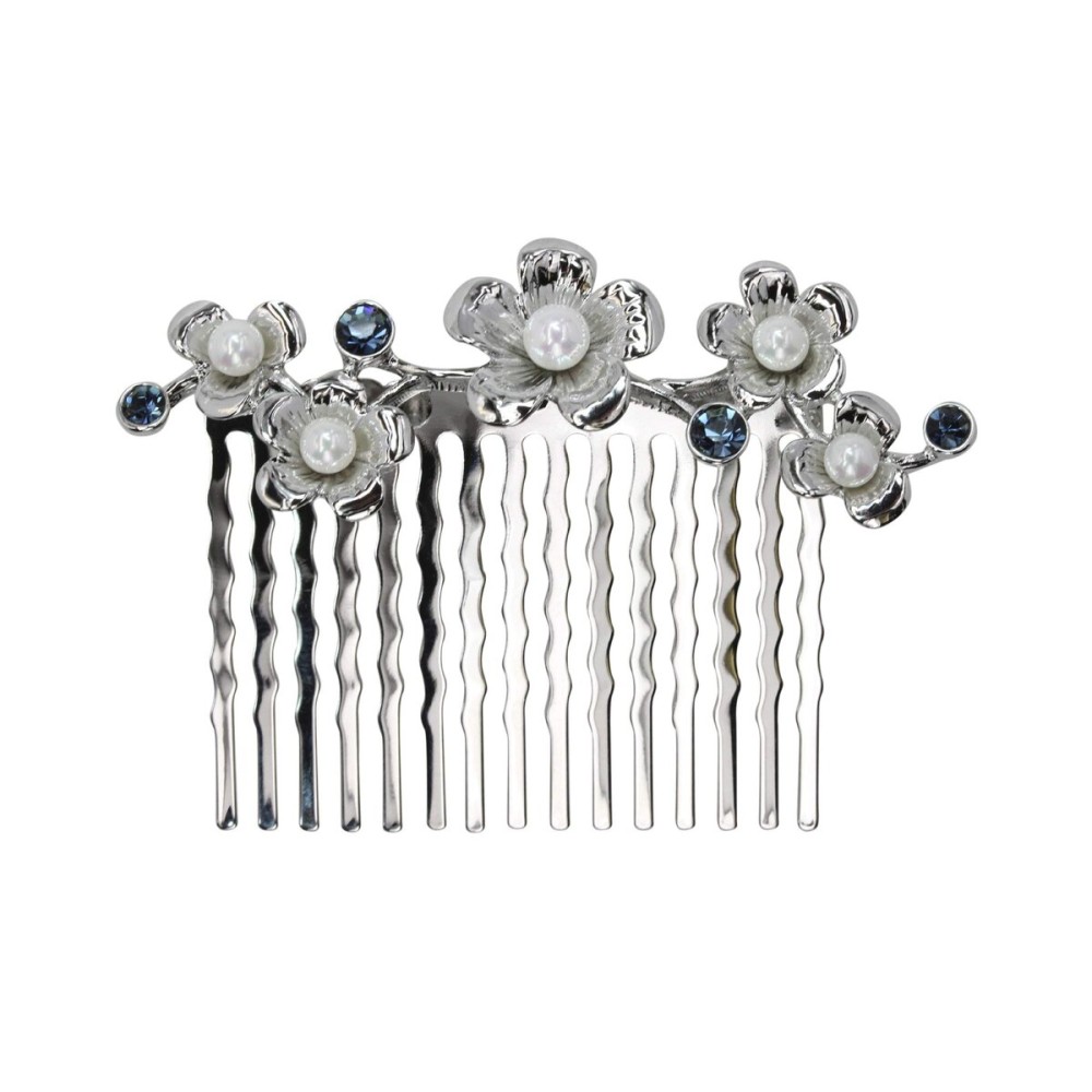 Faship Gorgeous Navy Blue Crystal Mother Of Pearls Floral Hair Comb