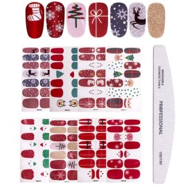 8 Sheets Christmas Nail Stickers Strip Full Nail Wraps Adhesive Nail Polish Stickers with 1Pcs Nail File, Kalolary Deer Snowman Xmas Tree Nail Design Sticker Christmas Nail Decoration Kit