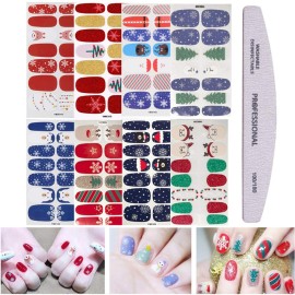 EBANKU Christmas Full Nail Stickers, 8 Sheets Art Polish Stickers Wrap Adhesive Decals With 1 Piece Nail Buffers Files