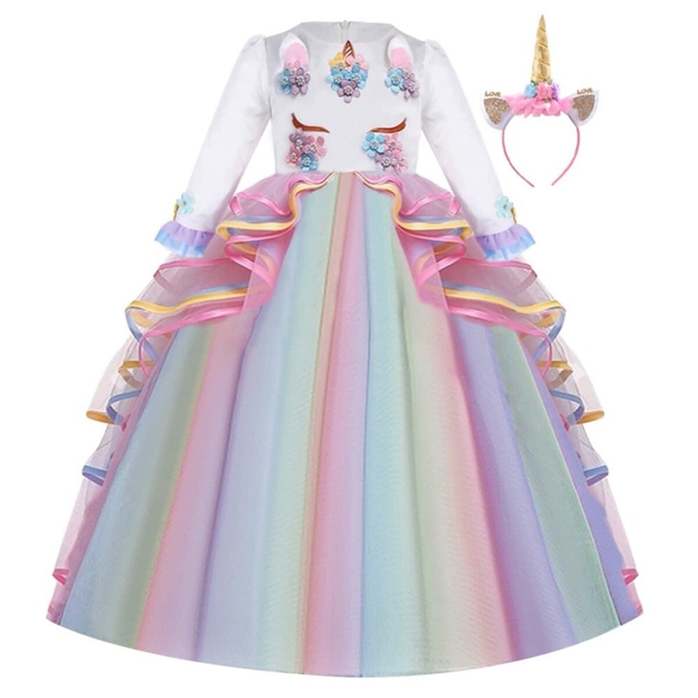 FMYFWY Unicorn Costume for Girls Birthday Pageant Party Dress Halloween Christmas Long Sleeve Maxi Tulle Ball Gown w/Headband Multicolored 8-9T