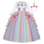 FMYFWY Unicorn Costume for Girls Birthday Pageant Party Dress Halloween Christmas Long Sleeve Maxi Tulle Ball Gown w/Headband Multicolored 8-9T