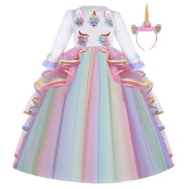 FMYFWY Unicorn Costume for Girls Birthday Pageant Party Dress Halloween Christmas Long Sleeve Maxi Tulle Ball Gown w/Headband Multicolored 8-9T