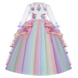 FMYFWY Unicorn Costume for Girls Birthday Pageant Party Dress Halloween Christmas Long Sleeve Maxi Tulle Ball Gown w/Headband Multicolored 8-9T