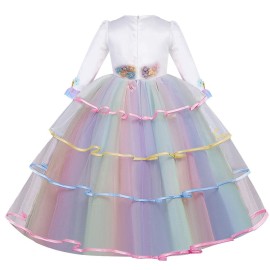 FMYFWY Unicorn Costume for Girls Birthday Pageant Party Dress Halloween Christmas Long Sleeve Maxi Tulle Ball Gown w/Headband Multicolored 8-9T