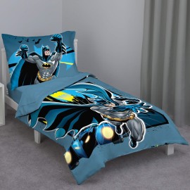 NoJo Batman - Blue Yellow & Grey 4Piece Toddler Bed Set - Comforter, Flat Top Sheet, Fitted Bottom Sheet, Reversible Pillowcase, Blue, Yellow, Black