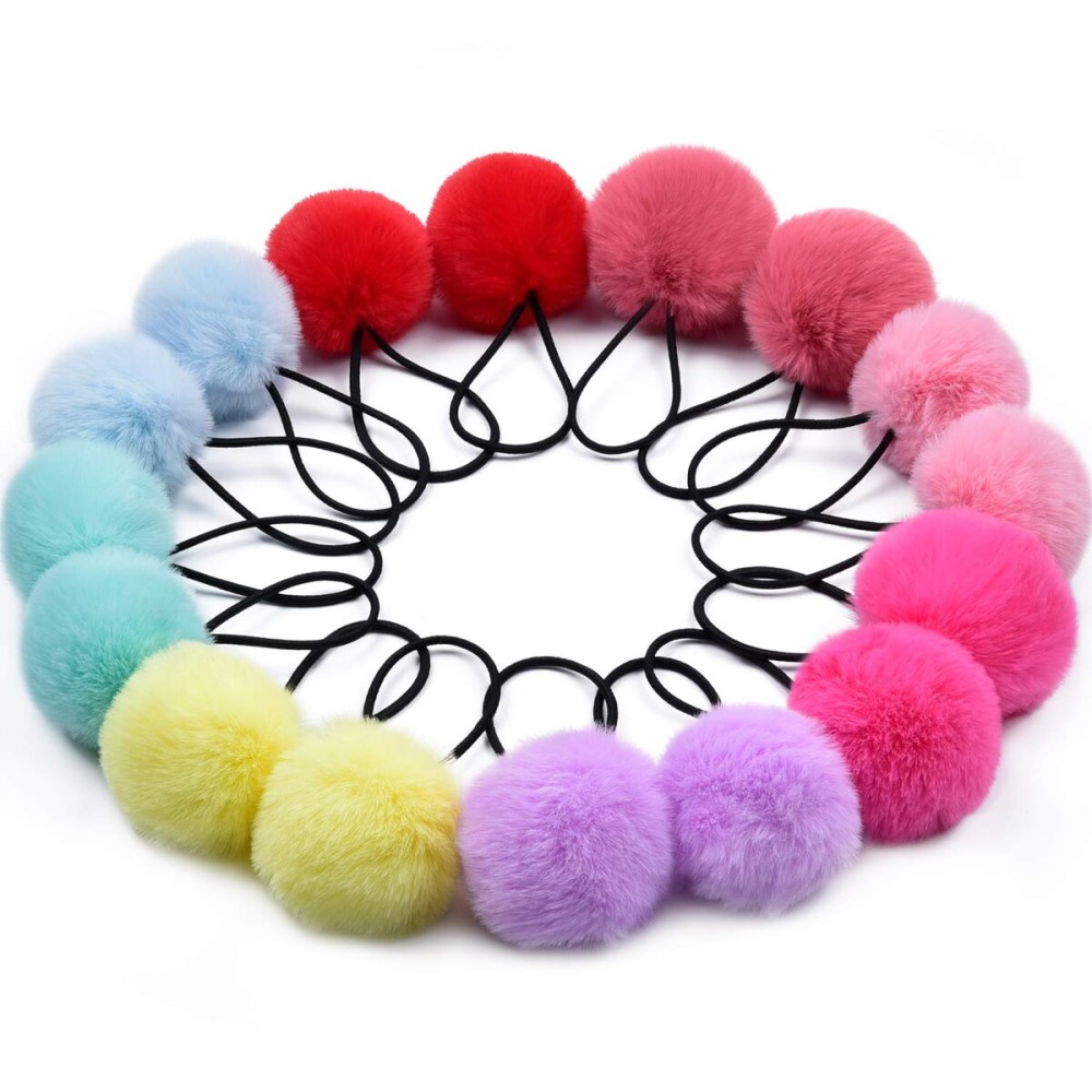 MORGLES 16pcs Pom Pom Hair Ties, Fluffy Ponytail Holders for Girls Toddlers, 2 inch, Multi-colour